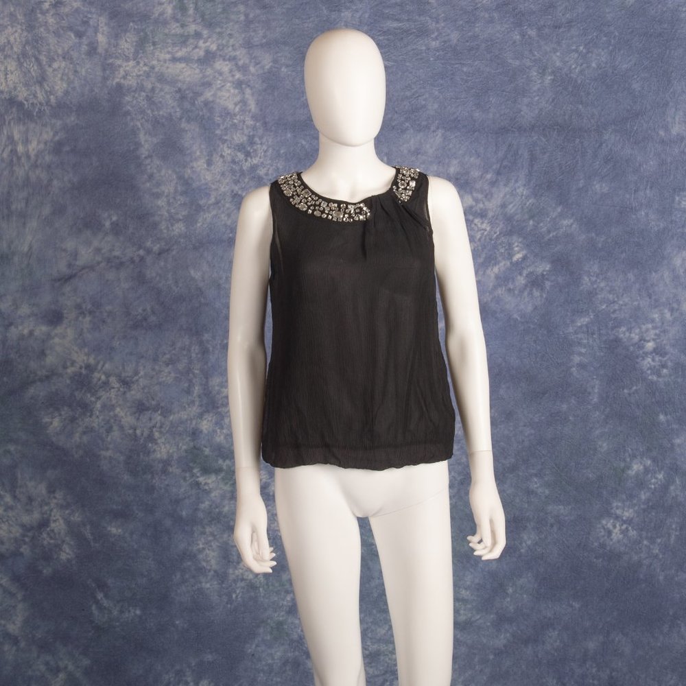 MAGASCHONI Silk Scoop Neck Top | 8 | Black Crystal Trim Detail